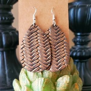 Bronze Leather Weave Oval Earrings